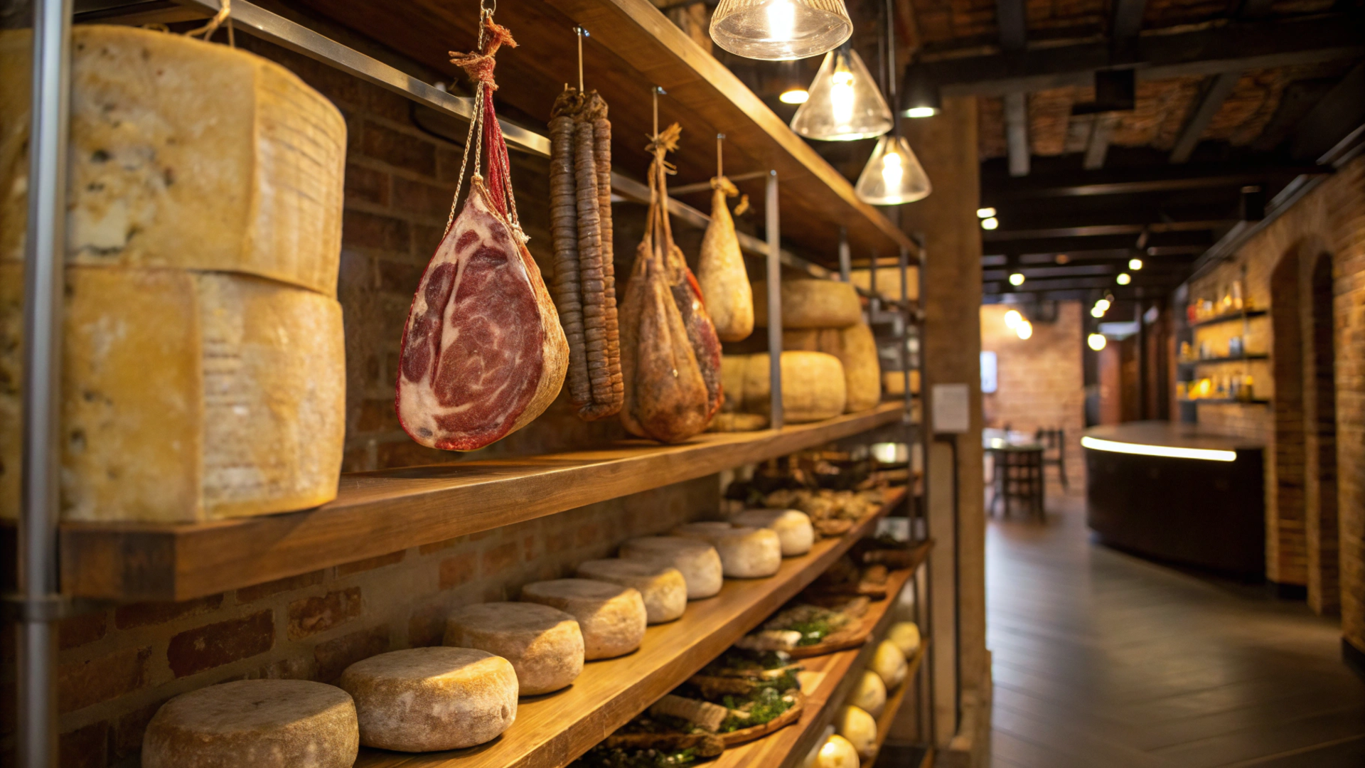 Antica salumeria a Cosenza con salumi artigianali e formaggi calabresi esposti